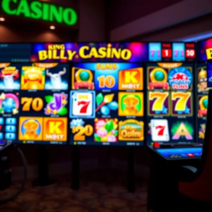 Diverse Game Collection at King Billy Casino Colorful casino game selection on digital screen with slot and card games
