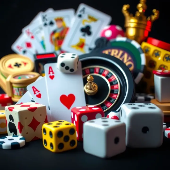 Colorful assortment of casino game icons including cards, roulette, and dice on a dark background