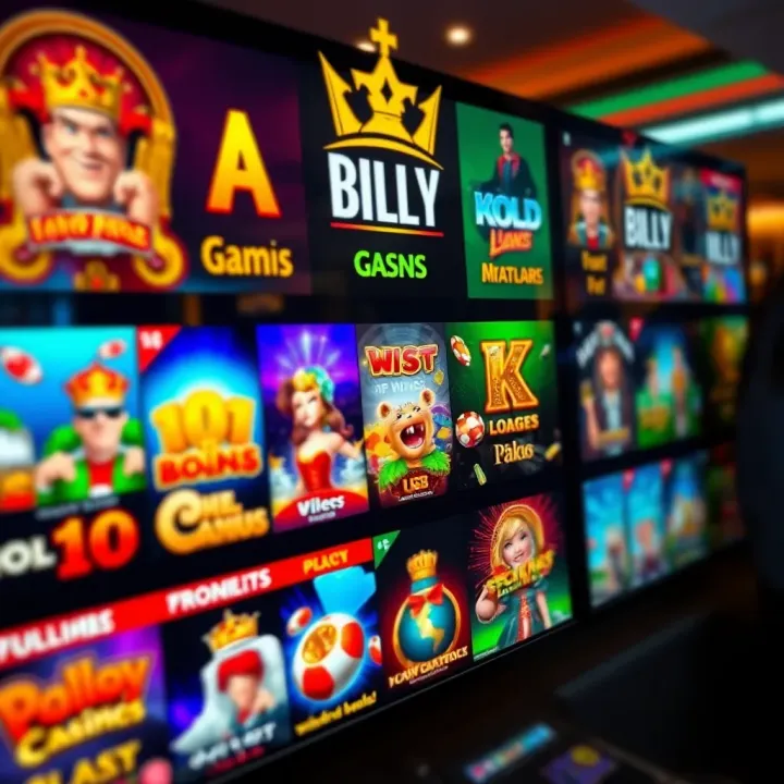 Diverse selection of casino games available on King Billy platform displayed on digital screen