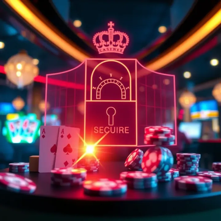Secure online casino concept with digital lock and gaming icons representing player protection