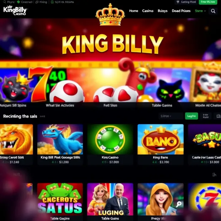 Colorful King Billy Casino Kasino homepage showcasing diverse slot and table games