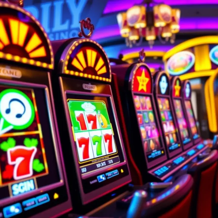 Colorful slot machine reels displaying various classic symbols in a casino setting