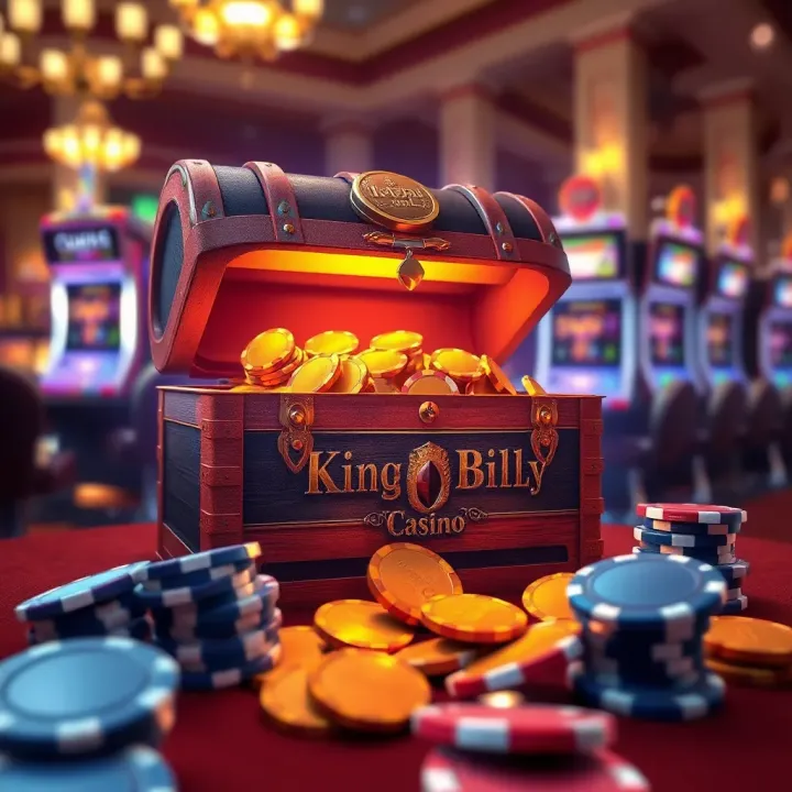 King Billy Casino Bonus Treasure Chest Illustration of a glowing treasure chest overflowing with casino chips and gold coins representing bonuses