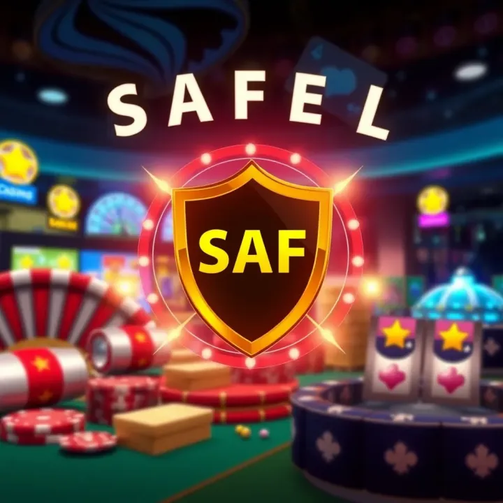 Graphic showing a secure shield symbol surrounded by casino elements symbolizing safe and responsible gaming