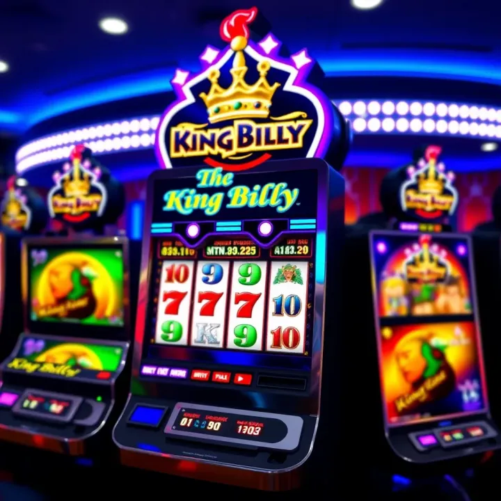 Vibrant Slot Machine Display at King Billy Casino Casino slot machine with vibrant symbols and flashing lights