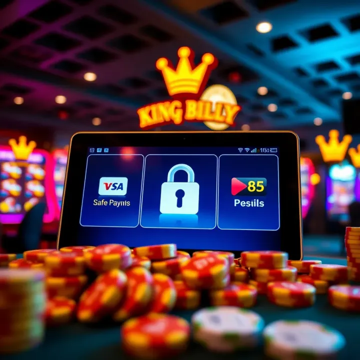 Safe Payments and Bonus Features at King Billy Casino Secure online payment icons and bonus symbols representing safe deposits and attractive rewards at an Australian casino