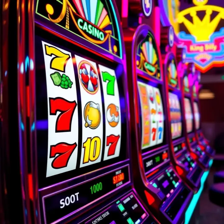 Colorful slot machine reels displaying various symbols and a winning combination