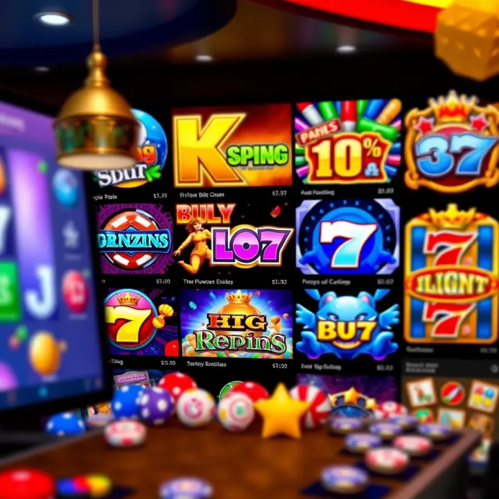 Casino interface showing slot games selection and features