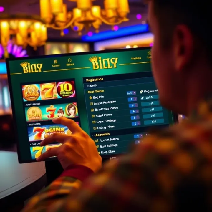 User navigating the King Billy Casino website displaying game options and account settings