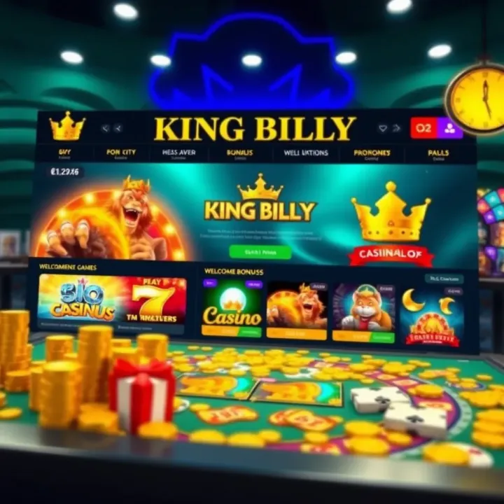 King Billy Casino homepage showcasing vibrant casino games and welcome bonuses