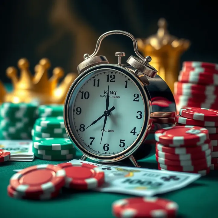 Clock symbolizing withdrawal times alongside casino chips and currency notes
