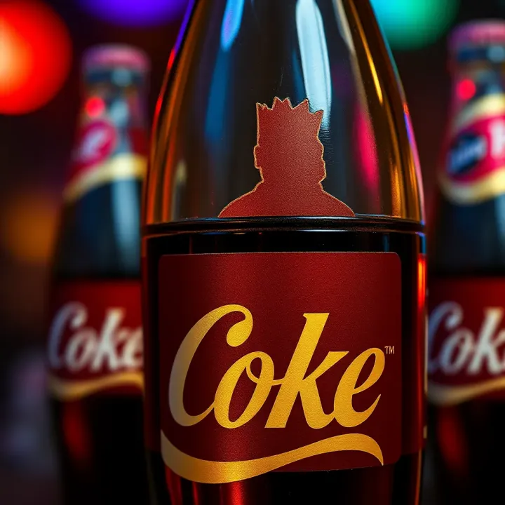 Close-up of a classic Coke bottle with King Billy's silhouette etched on the label