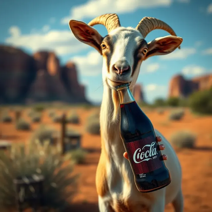The Character of the King Billy Coke Bottle Goat Joke A whimsical goat holding a classic Coke bottle against an Australian outback backdrop
