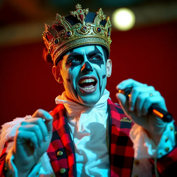 Performer dressed in theatrical makeup reflecting controversial comedy style on stage