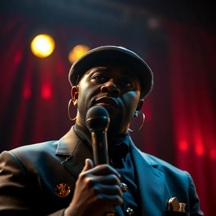 Performer in blackface makeup on stage under spotlight