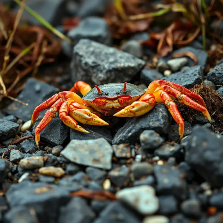 King Billy Cokebottle mud crab resting on rocky coastal habitat surrounded by marine vegetation