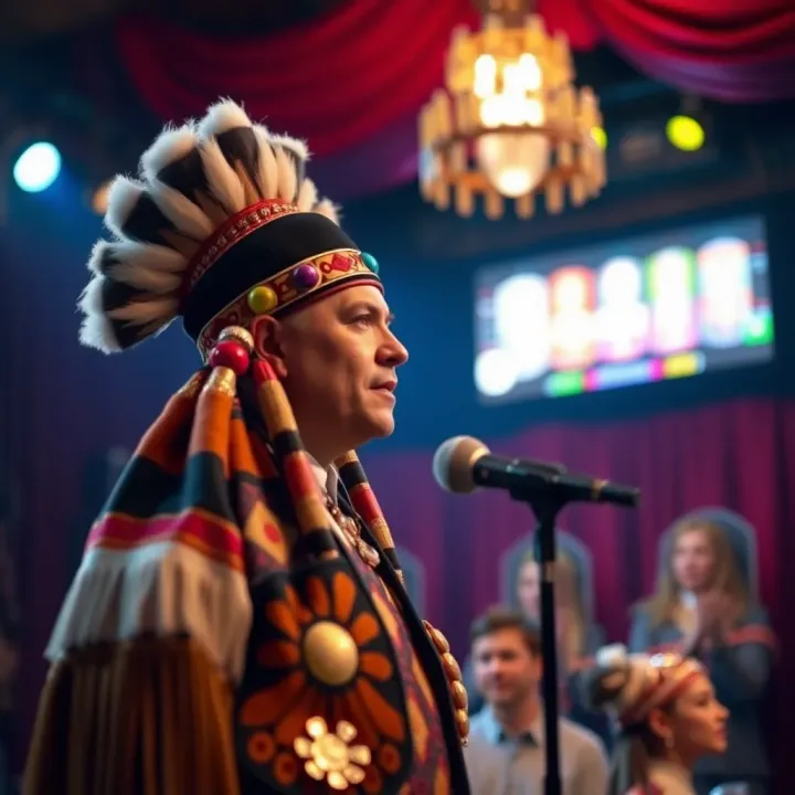 Stage performance highlighting Indigenous cultural themes through humour and satire