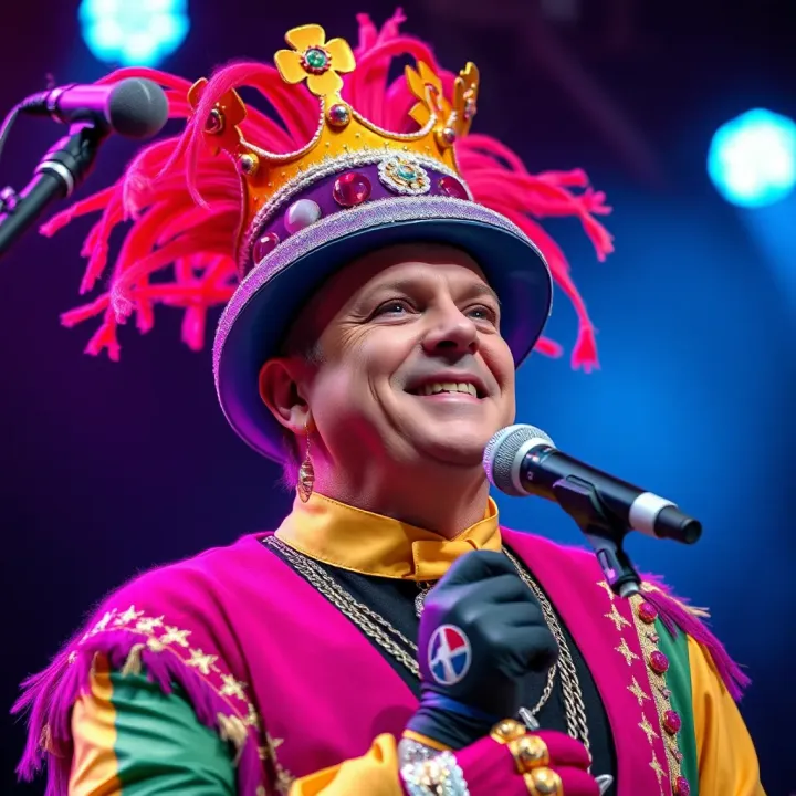 Portrait of King Billy Cokebottle performing on stage with colorful attire