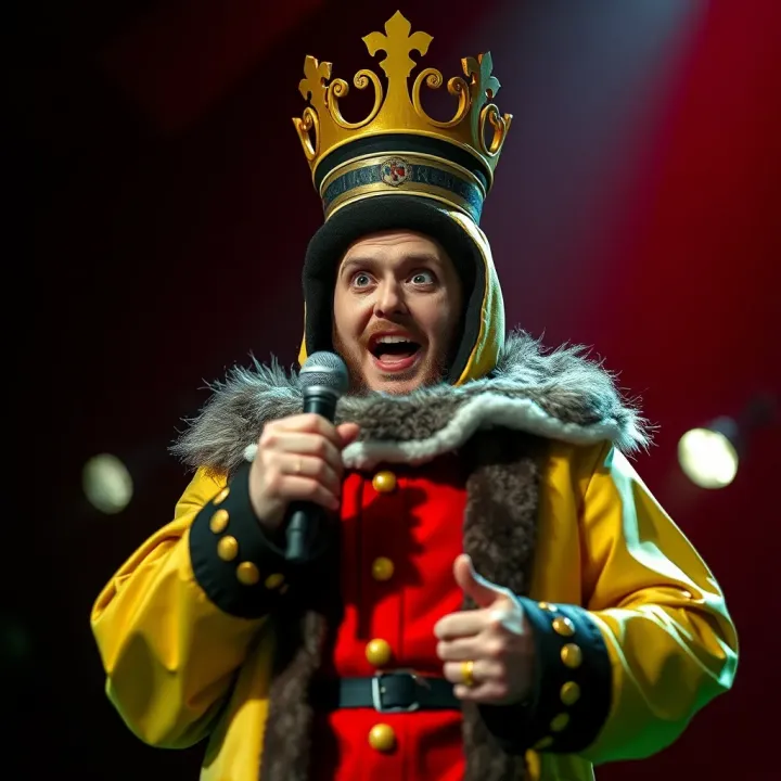 King Billy Cokebottle on Stage Delivering Satirical Comedy Stage performance spotlight highlighting a comedian dressed as King Billy Cokebottle with an expressive face