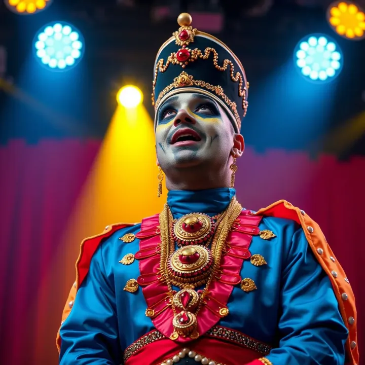 King Billy Cokebottle Performing on Stage A performer in blackface makeup wearing a colorful costume on stage under bright lights