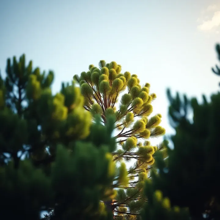 King Billy Pine in Its Natural Habitat Tall King Billy pine tree with dense green foliage against a clear sky