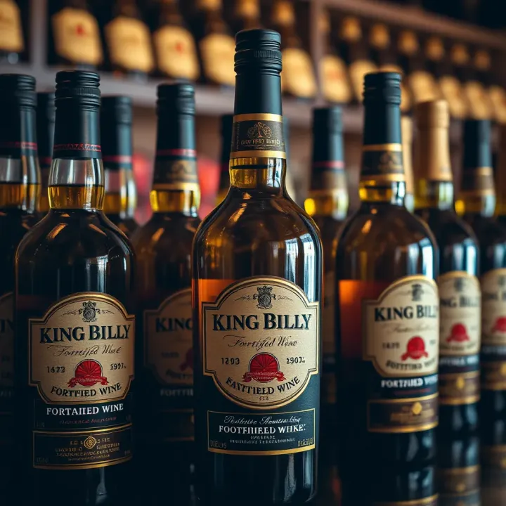 Vintage bottles of King Billy Fortified Wine showcasing label design and amber liquid inside
