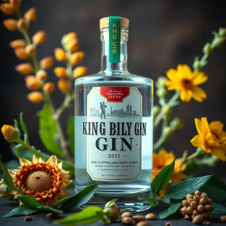 King Billy Gin with Native Australian Botanicals Close-up of King Billy Gin bottle showcasing native Australian botanicals around it