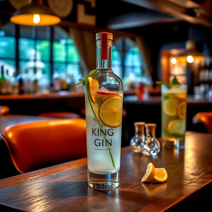 Enjoying King Billy Gin in a Classic Bar Environment Rustic bar setting featuring a glass of King Billy Gin garnished with citrus and native herbs