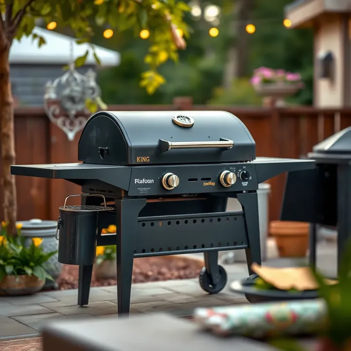 King Billy Grill showcasing its robust steel construction and adjustable cooking surfaces in an outdoor backyard setting