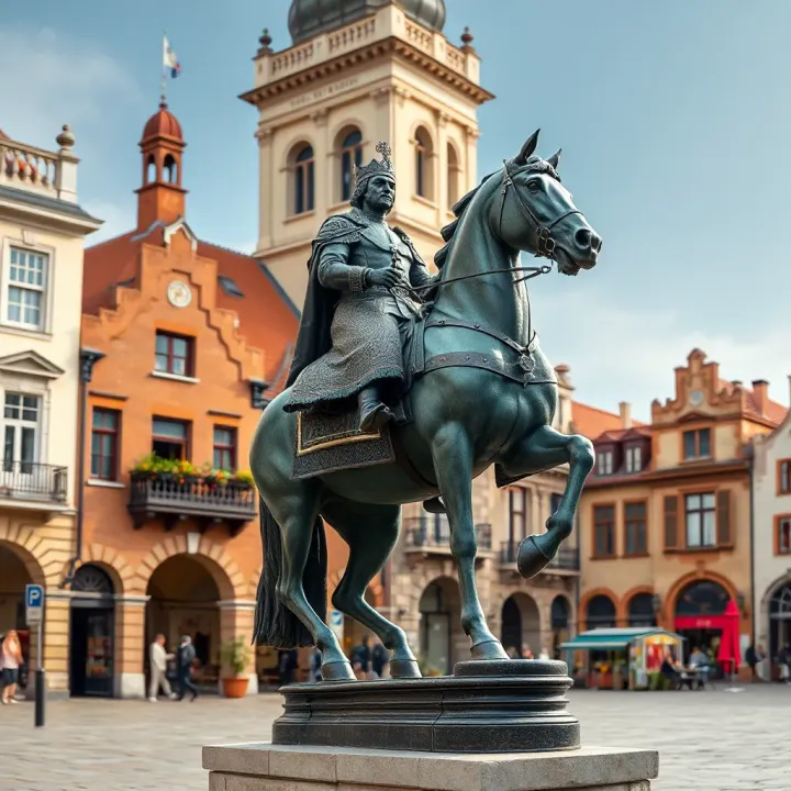 King Billy on Horseback in Town Square Statue of King Billy mounted on a horse in a town square with surrounding historic buildings