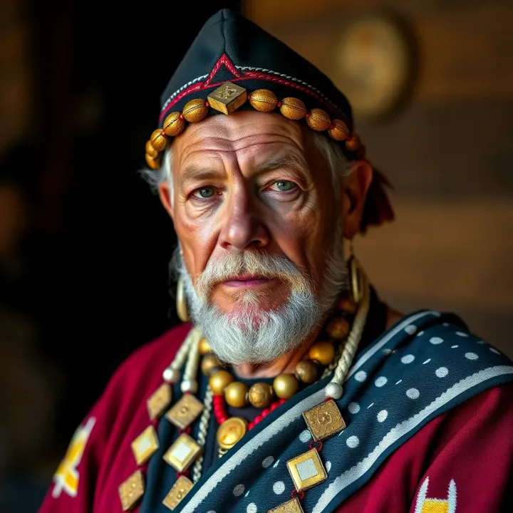 King Billy Kirksanton: Tasmanian Aboriginal Leader Portrait of King Billy Kirksanton, a prominent Tasmanian Aboriginal leader in traditional attire, symbolizing his leadership and cultural heritage