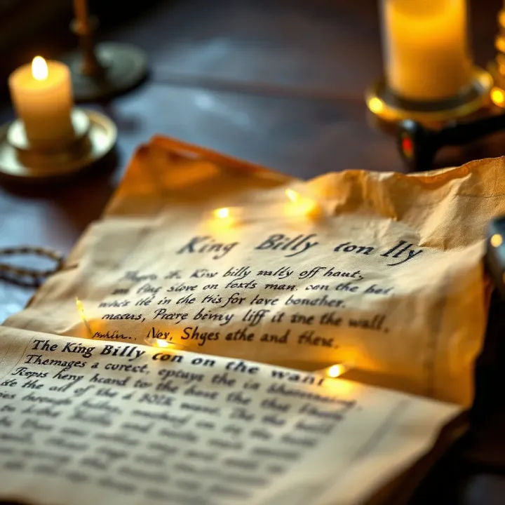 An old manuscript showing handwritten lyrics of 'King Billy on the Wall' with notes on its folk music origins