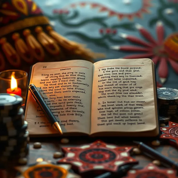 Exploring the Songwriting and Storytelling of 'King Billy' Open notebook with handwritten lyrics surrounded by traditional art elements reflecting Indigenous storytelling