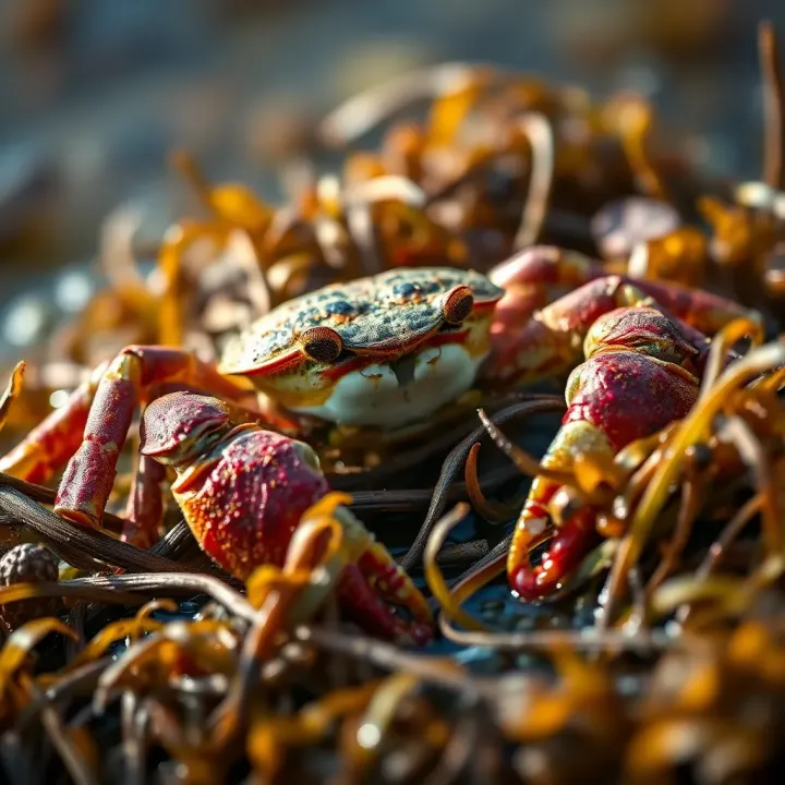 King Billy mud crab resting among seaweed in Tasmania’s coastal waters