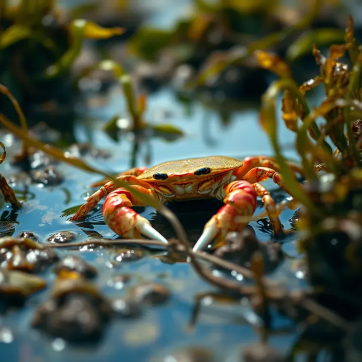 King Billy mudcrab partially submerged among seaweed and tidal pools