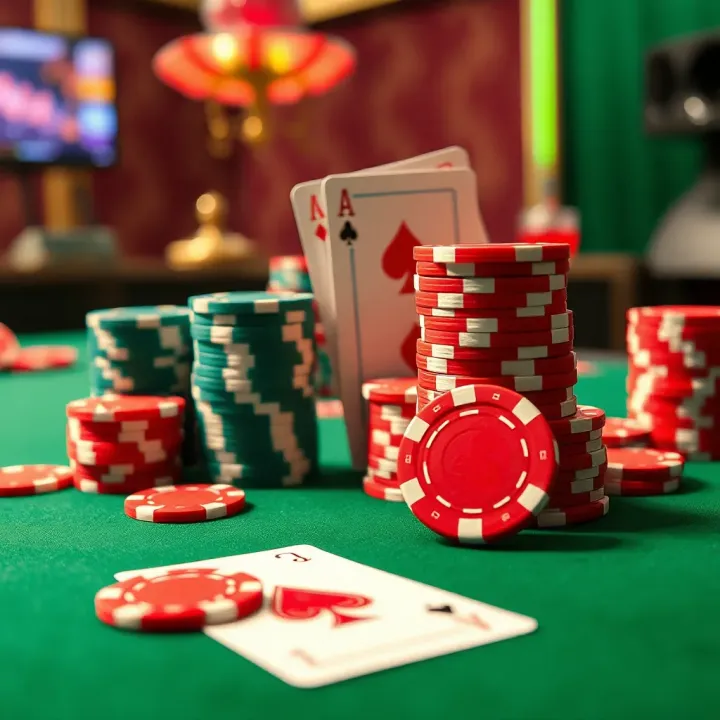 Bright casino chips and playing cards on a green felt table symbolizing online gambling bonuses