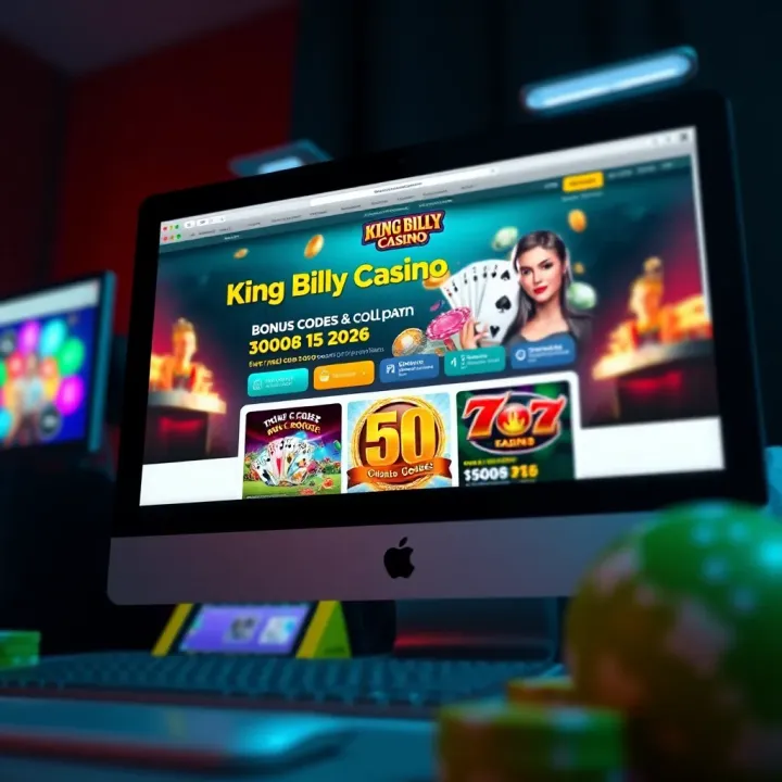 King Billy Casino Website Showing Bonus Codes and Promotions Computer screen displaying King Billy Casino website with bonus codes and promotions highlighted