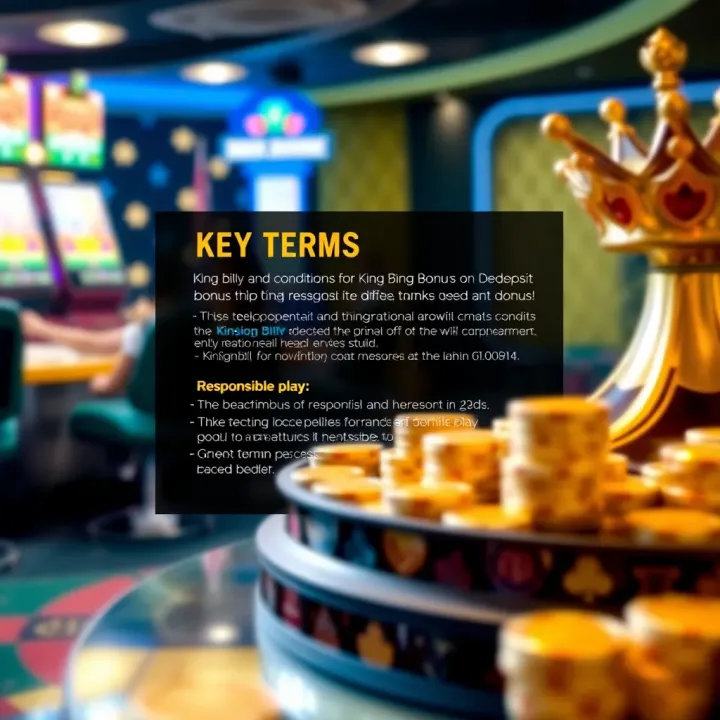 Graphic depicting key terms and conditions for King Billy's no deposit bonus alongside tips for responsible play