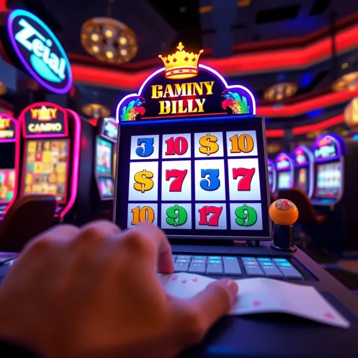 Visual representation of online gaming with a digital slot machine and currency symbols