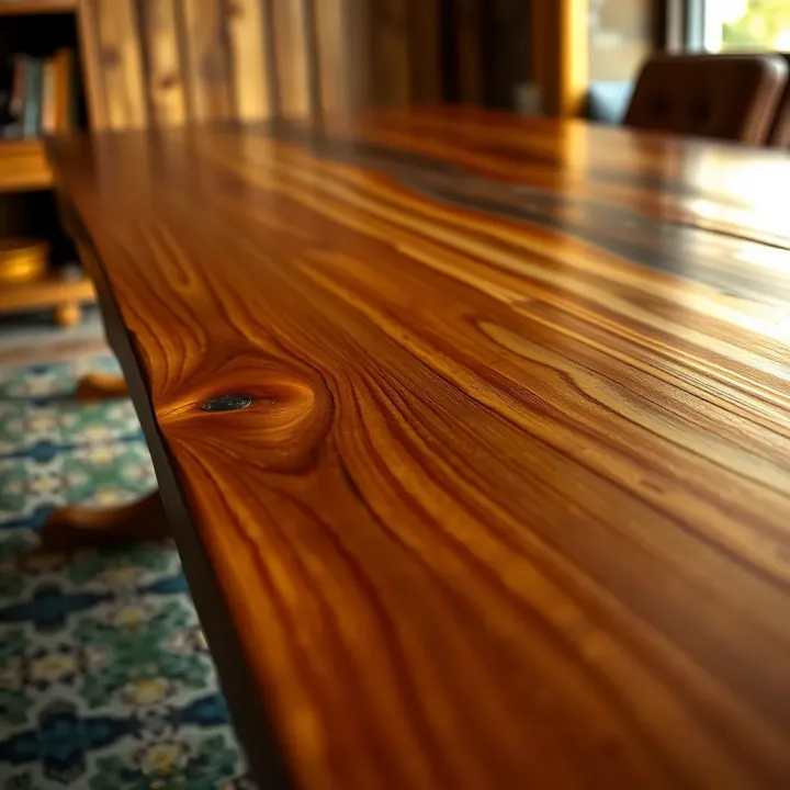 Close-up view of a King Billy pine table showcasing the distinct grain and warm tones of the Australian timber