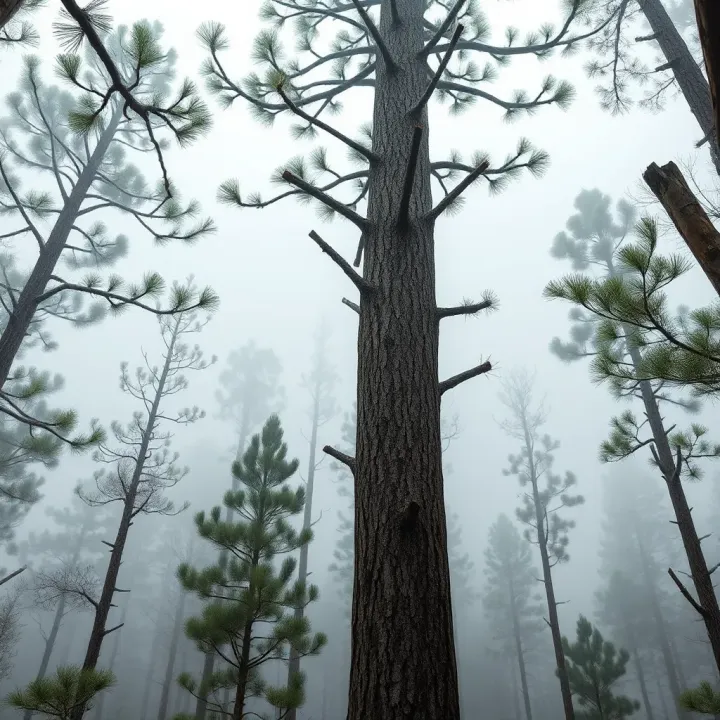 King Billy Pine in Its Natural Tasmanian Habitat Tall King Billy pine tree with distinctive bark and needle-like foliage in a misty Tasmanian forest