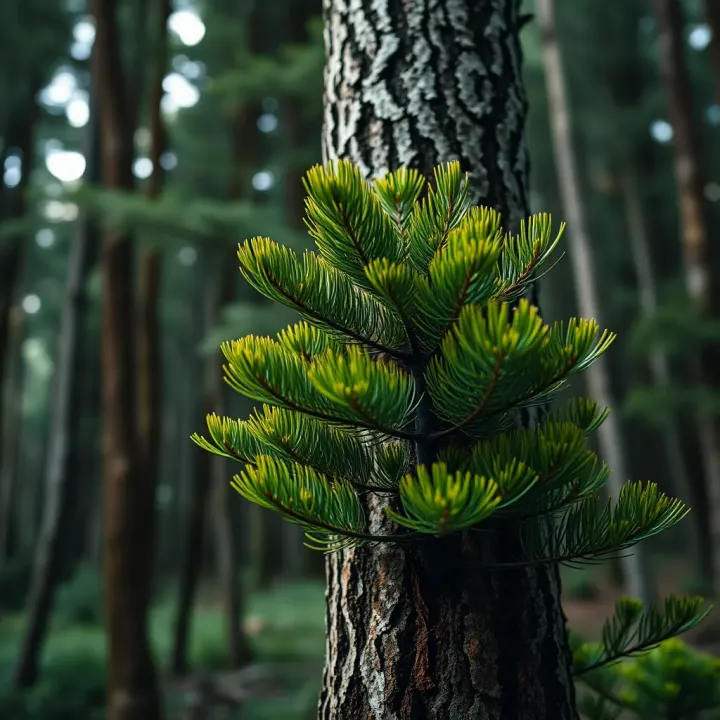 Distinctive King Billy Pine in Native Tasmanian Forest Close-up of a King Billy Pine with its distinctive textured bark and lush green foliage in a forest setting