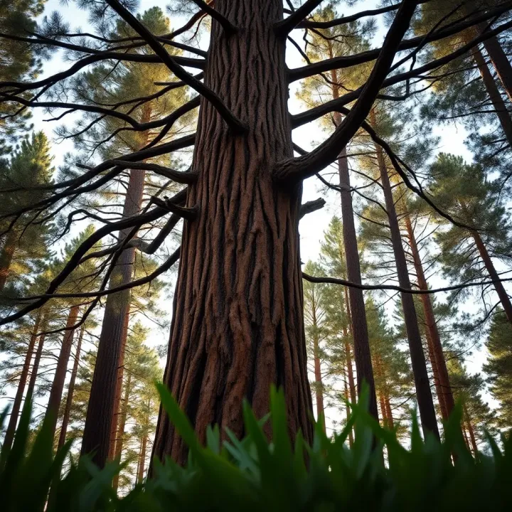 Tall King Billy Pine tree with thick reddish-brown bark and dense green foliage in a Tasmanian highland forest