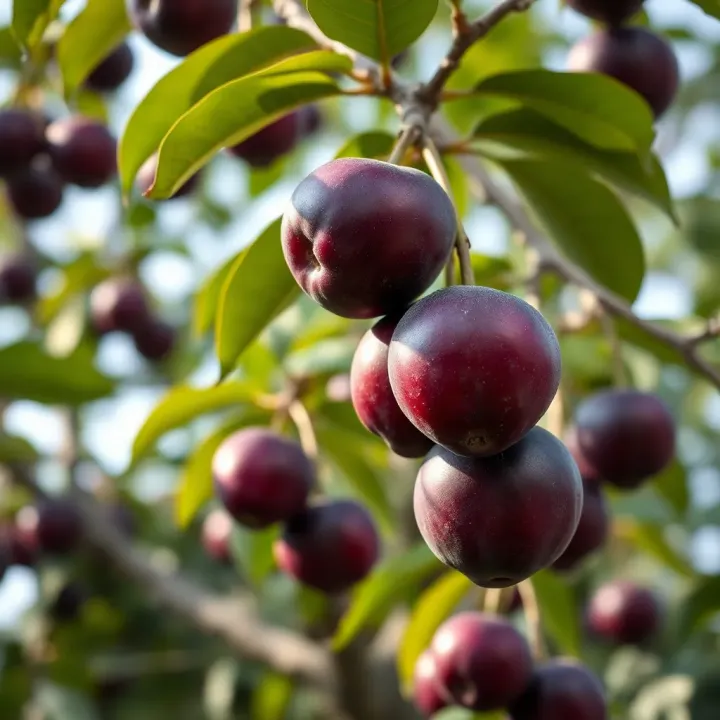 King Billy Plum Tree Bearing Ripe Fruits Close-up of King Billy Plum tree with ripe dark purple fruits hanging from green leafy branches