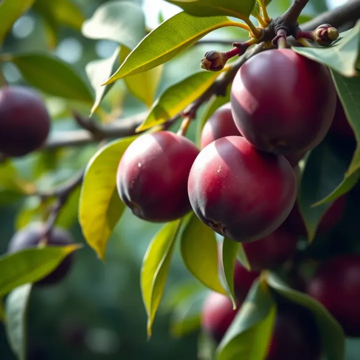 Ripe King Billy plums hanging from a native Australian tree with green leaves