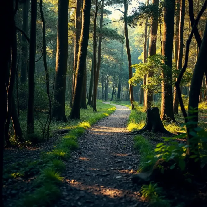 Serene Walking Trail in Tasmanian Woodland Walking trail winding through lush green forest with sunlight filtering through dense foliage