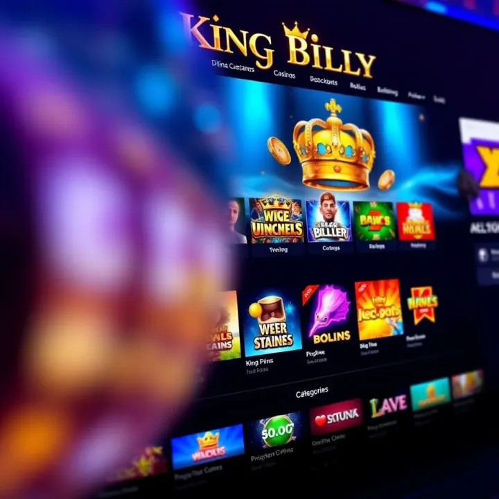 Screenshot of King Billy online casino homepage showcasing vibrant game categories and navigation menu