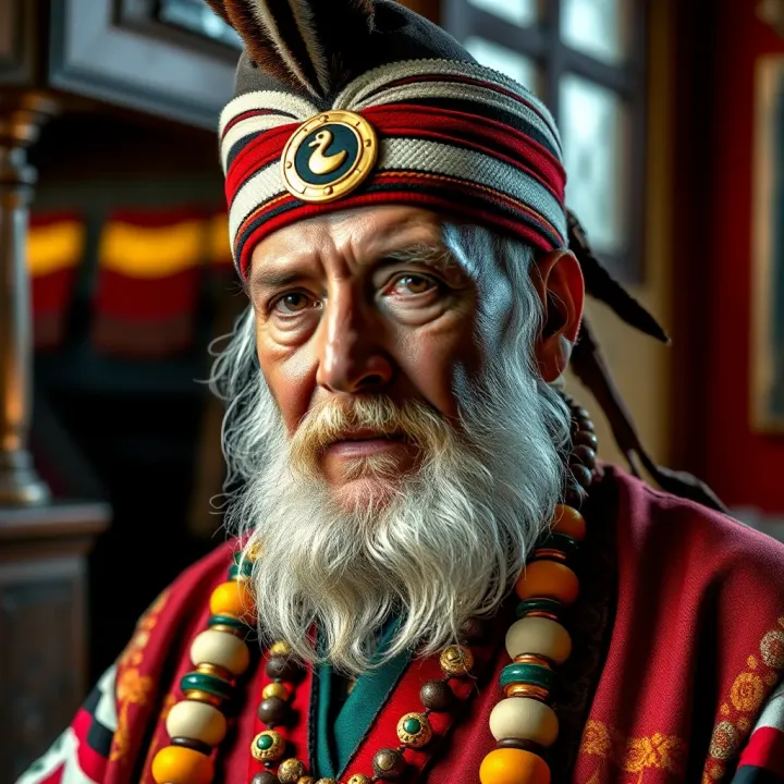Portrait of King Billy Ripon highlighting traditional Indigenous attire and cultural symbols