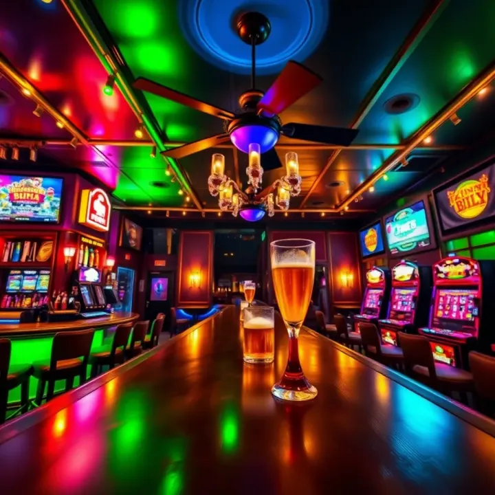 Interior of King Billy Rock Bar decorated for a themed party with colorful lights and festive atmosphere