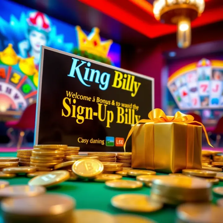 King Billy Sign Up Bonus Rewards Overview Illustration of a casino welcome bonus offer with coins and a gift box symbolizing rewards